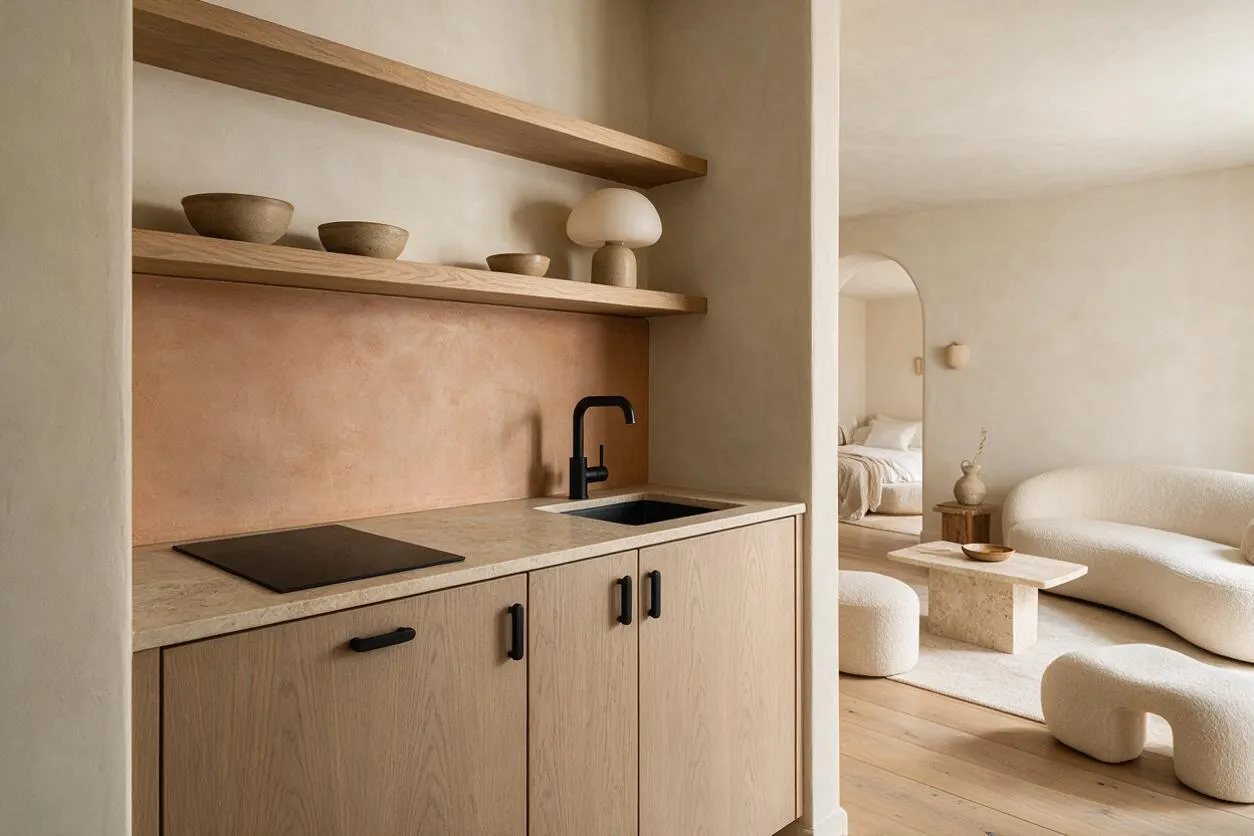 A compact studio apartment with a small kitchenette in light oak wood, a black faucet, and a soft tan backsplash. Beyond the partition is a cozy living area with a curved cream sofa, rounded ottomans, a stone coffee table, and an arched opening leading to the sleeping nook.