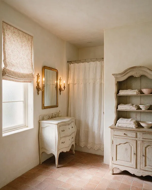 A French Country master bathroom with terracotta tile flooring, creamy plaster walls, and a window dressed in a floral Roman shade. A carved gold-framed mirror with twin wall sconces hangs above a petite vintage vanity, while a linen shower curtain with lace trim softens the shower alcove. An arched distressed cabinet with open shelving and folded towels completes the room.