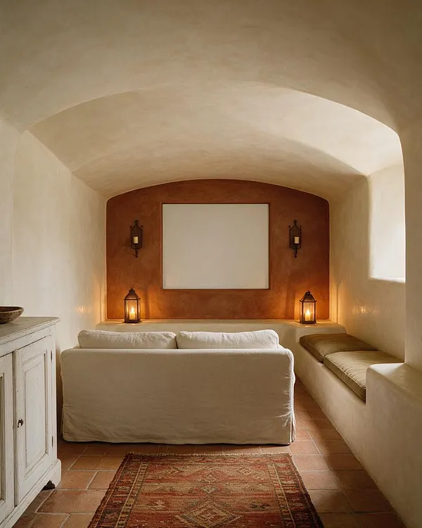 A cozy Mediterranean-style media room with a vaulted arched ceiling, plaster walls, and terracotta tile flooring. A cream slipcovered sofa faces a blank screen centered on a terracotta accent wall, flanked by wall lanterns and glowing tabletop lanterns, with a built-in side bench and a vintage rug in front.