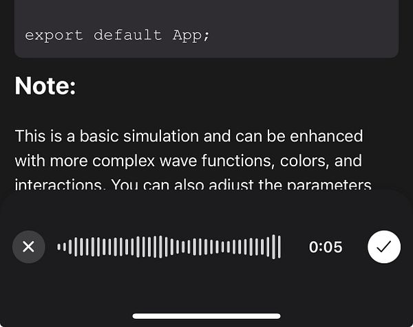 The image displays a code snippet and a note about a basic simulation in a mobile app interface.