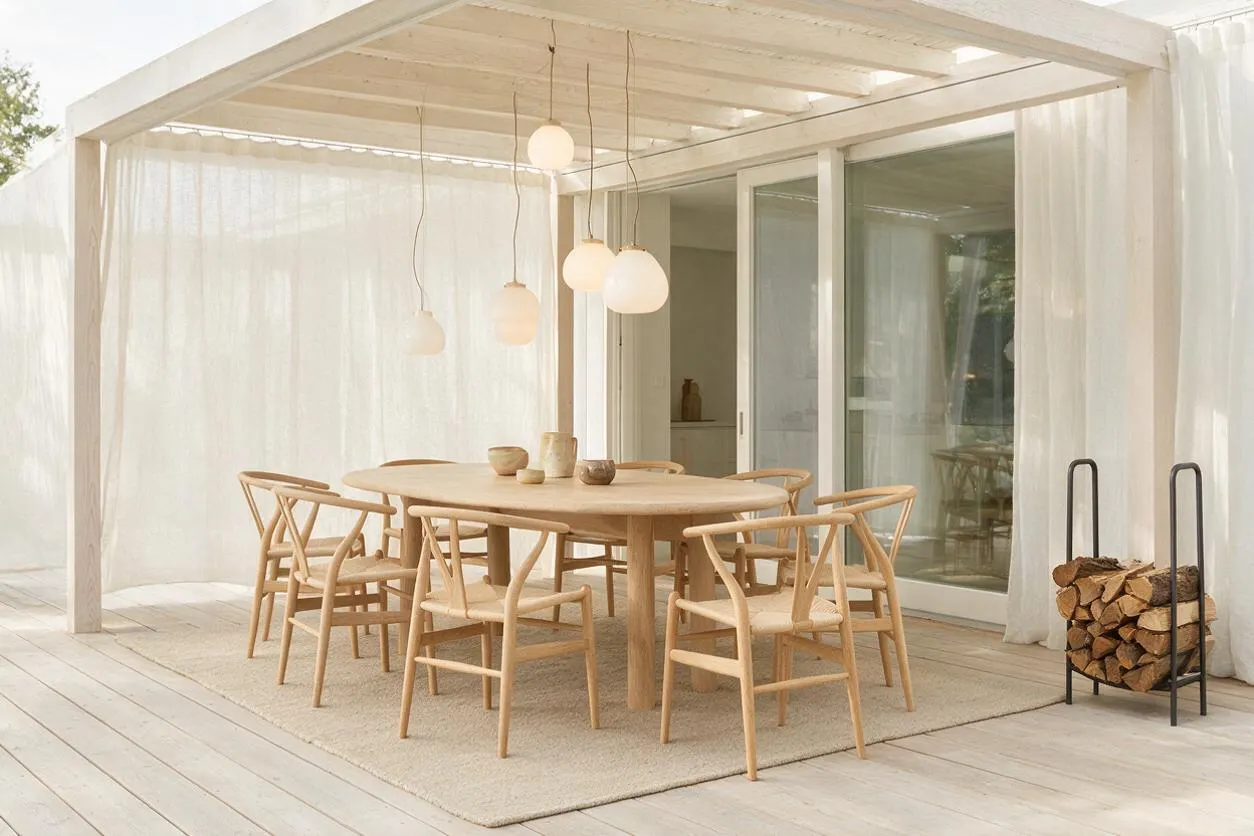 A bright Scandinavian-style backyard dining area with a pale wood pergola, sheer white curtains, and a round wooden table surrounded by six matching chairs. Soft pendant lights hang overhead, while a stack of firewood in a black metal holder adds a natural accent beside sliding glass doors.