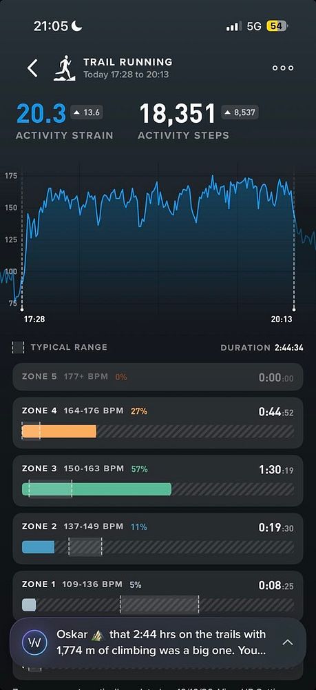 Trail running activity summary showing heart rate zones, activity strain, steps, and duration for a night trail run.