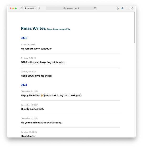 The image displays a blog homepage titled 'Rinas Writes' featuring posts from 2024 and 2025.