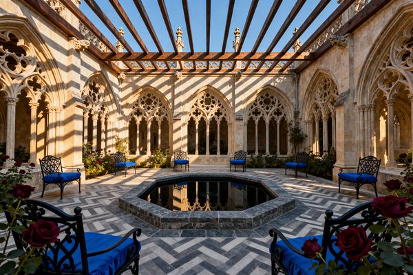 An open-air Gothic cloister patio enclosed by carved limestone arcades with pointed arches and intricate tracery. A timber pergola overhead casts striped shadows onto a gray-and-white chevron stone floor surrounding an octagonal reflecting pool; black wrought-iron chairs with royal blue cushions line the edges beside rose bushes in bloom, with warm late-afternoon sunlight emphasizing the creamy stone walls and the deep blue sky.