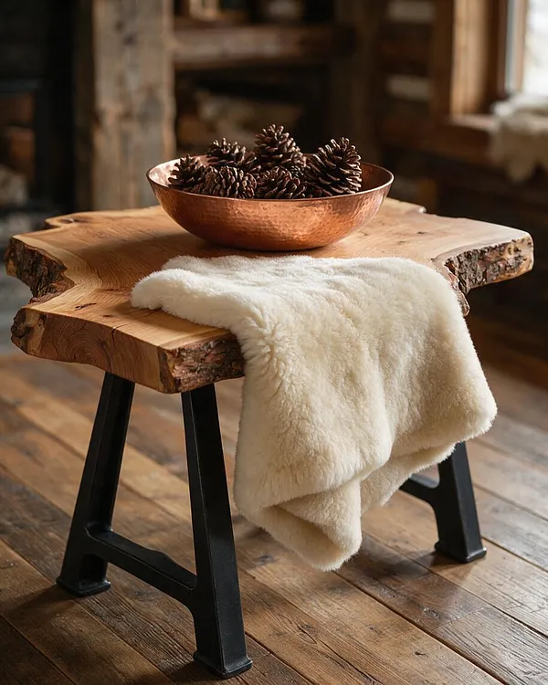 A rustic interior vignette featuring a live edge wooden bench with thick black metal legs. A cream faux fur throw drapes over the front edge, and a hammered copper bowl filled with pinecones sits on top.