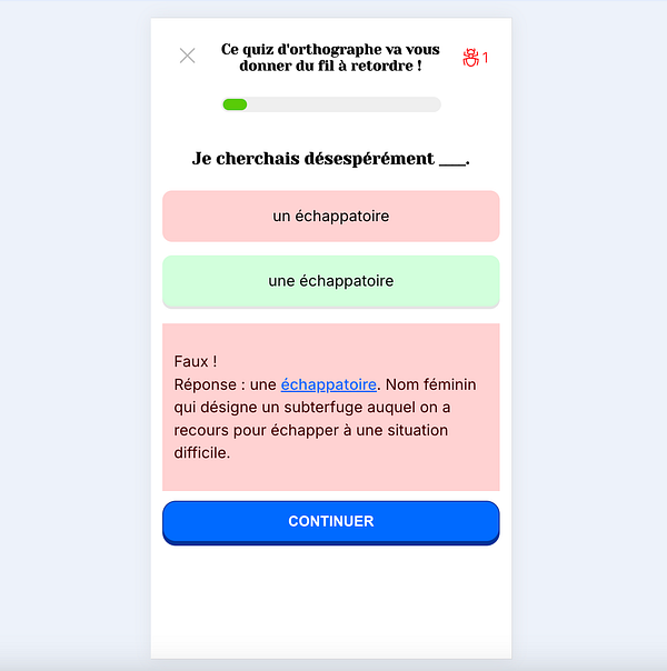 The image displays a French spelling quiz interface with a question and answer options.