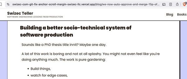 A blog webpage from Swizec Teller titled 'Building a better socio-technical system of software production' with a visible heading and some paragraph text.