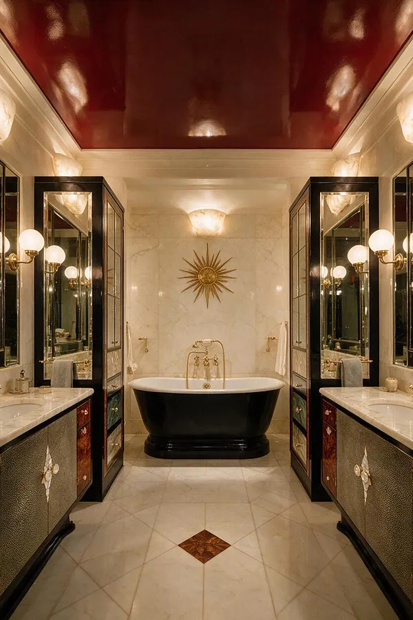 A symmetrical master bathroom in Art Deco style featuring a glossy deep red ceiling, cream marble walls and floor, and a black freestanding tub centered beneath a gold sunburst sculpture. Matching vanity cabinets with mirrored panels, brass fixtures, and globe sconces line both sides, creating a glamorous, formal atmosphere.