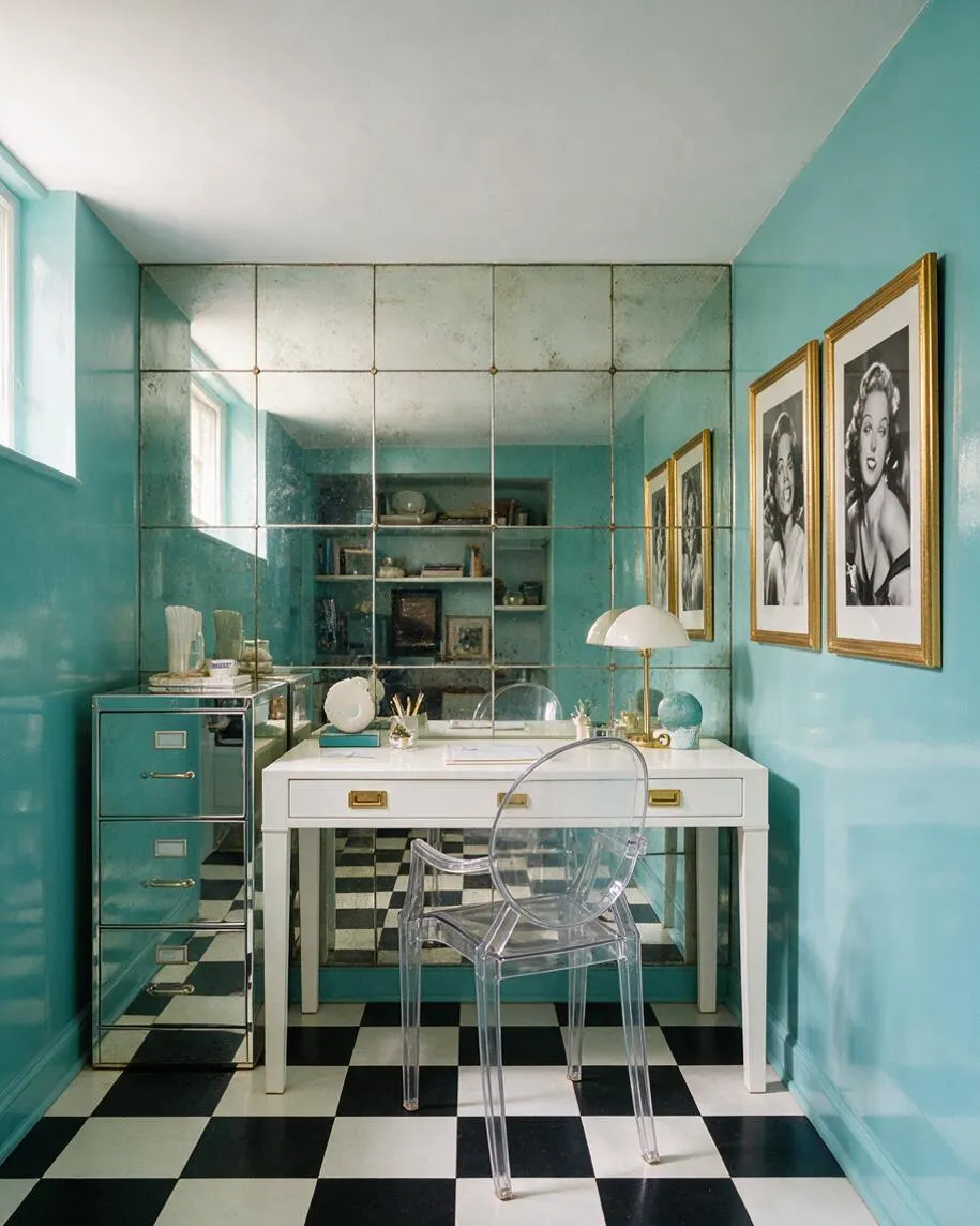 A compact basement vanity area painted in glossy turquoise, with a white desk centered beneath a large mirrored wall. Black-and-white checkered flooring, gold-framed black-and-white portraits, a clear acrylic chair, and a mirrored chest create a glamorous Hollywood Regency look.