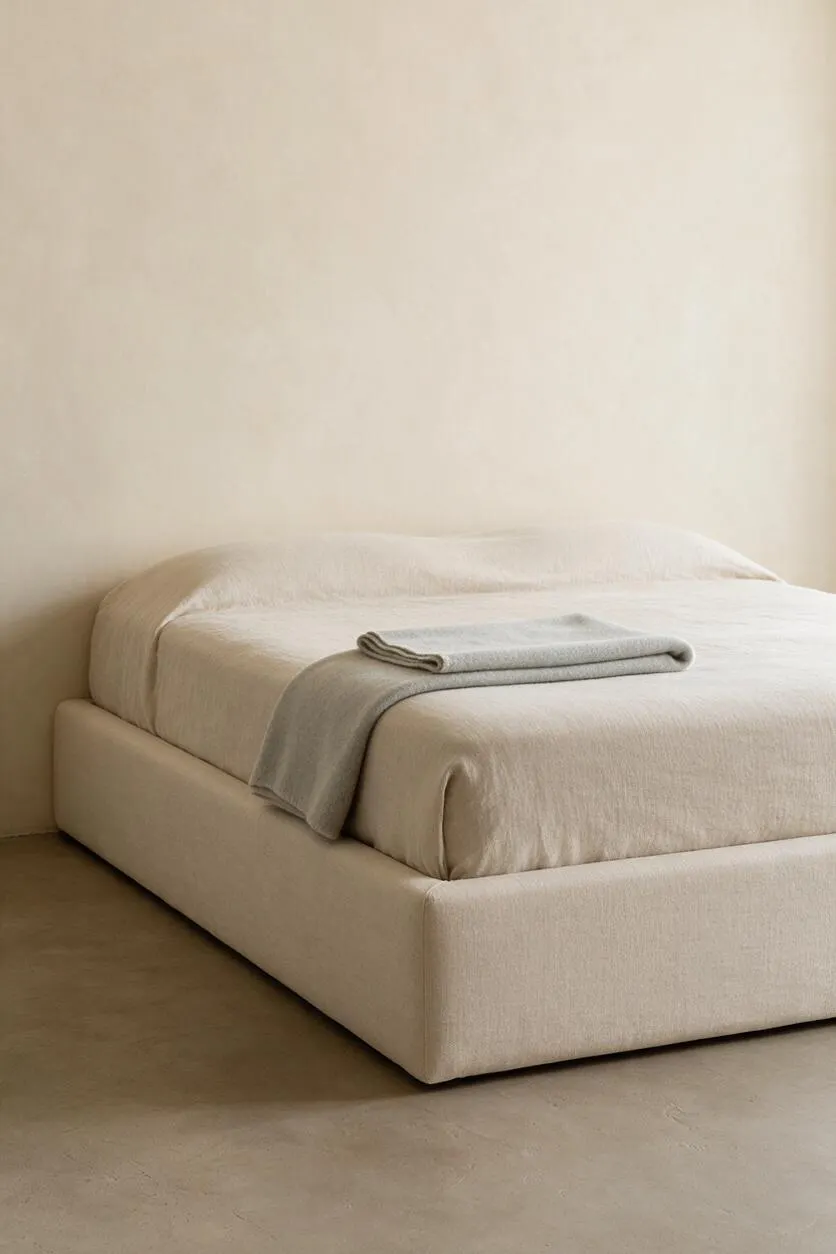 A minimalist bedroom features a low platform bed upholstered in soft beige fabric against a plain warm wall. The bed is dressed in neutral bedding with a folded light gray throw placed neatly near the foot, creating a calm, understated look.