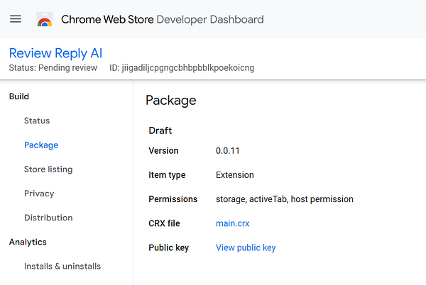 The image displays the Chrome Web Store Developer Dashboard for a package named 'Review Reply AI'.