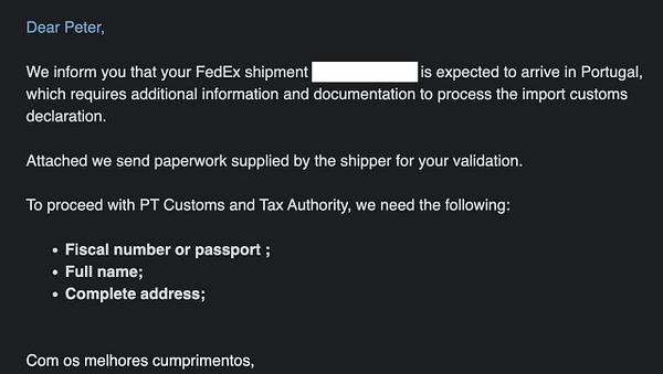 Email from FedEx Portugal requesting information for customs clearance of a shipment.