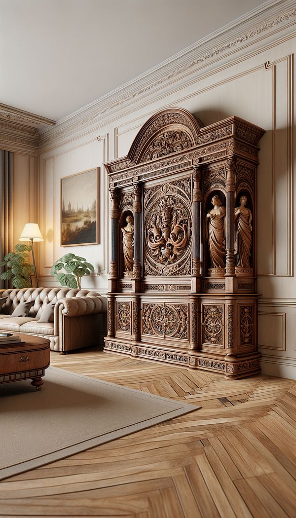 A beautifully carved wooden Court Cupboard in a traditional living room, showcasing intricate details and designs, with ambient lighting highlighting its features.