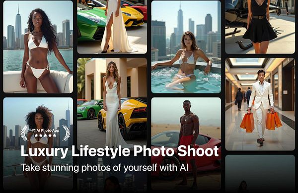 A collage of luxurious lifestyle photos featuring diverse models in various glamorous settings.