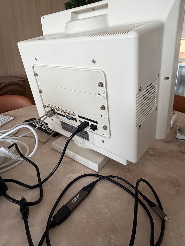 The image depicts the back of a vintage PC monitor with various cables connected to it.