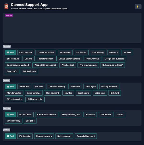 The image displays a user interface for a Canned Support App designed for customer support, featuring various preset replies organized by categories.