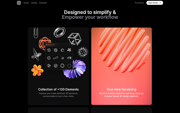The image features a modern interface showcasing design tools and elements for a 3D design platform.