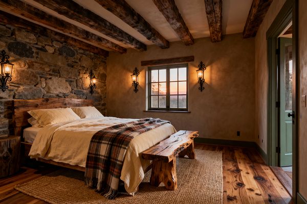 A rustic bedroom with a fieldstone wall and exposed wood ceiling beams features a reclaimed-timber bed dressed in cream linen and a plaid wool throw. A live-edge bench and stump side table sit on a jute rug over wide-plank wood floors, while wrought-iron lantern sconces flank a window showing a sunset; warm beige plaster walls with sage-green trim and a partially open green door complete the cozy space.