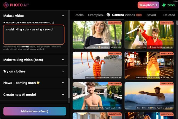 The interface for a video creation tool featuring a prompt input and a gallery of example videos.