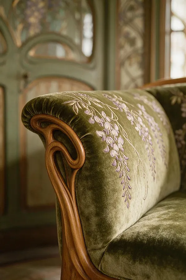 A close-up of an Art Nouveau-style sofa showing olive green velvet upholstery with delicate lilac floral embroidery and a carved wooden armrest shaped in flowing organic curves. The softly blurred background reveals matching decorative woodwork and stained-glass-inspired details in a warm, elegant interior.