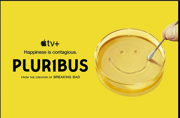 The image promotes the series 'Pluribus' on Apple TV+ with a vibrant yellow background and a playful design.