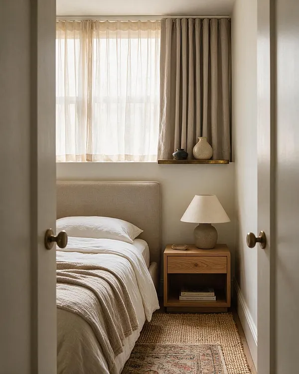 A small studio apartment bedroom nook with a beige upholstered bed, white bedding, and a soft throw layered over the foot. A wooden nightstand with a ceramic lamp sits beside the bed, while sheer and taupe curtains filter daylight from the window above a slim shelf with decorative vases.