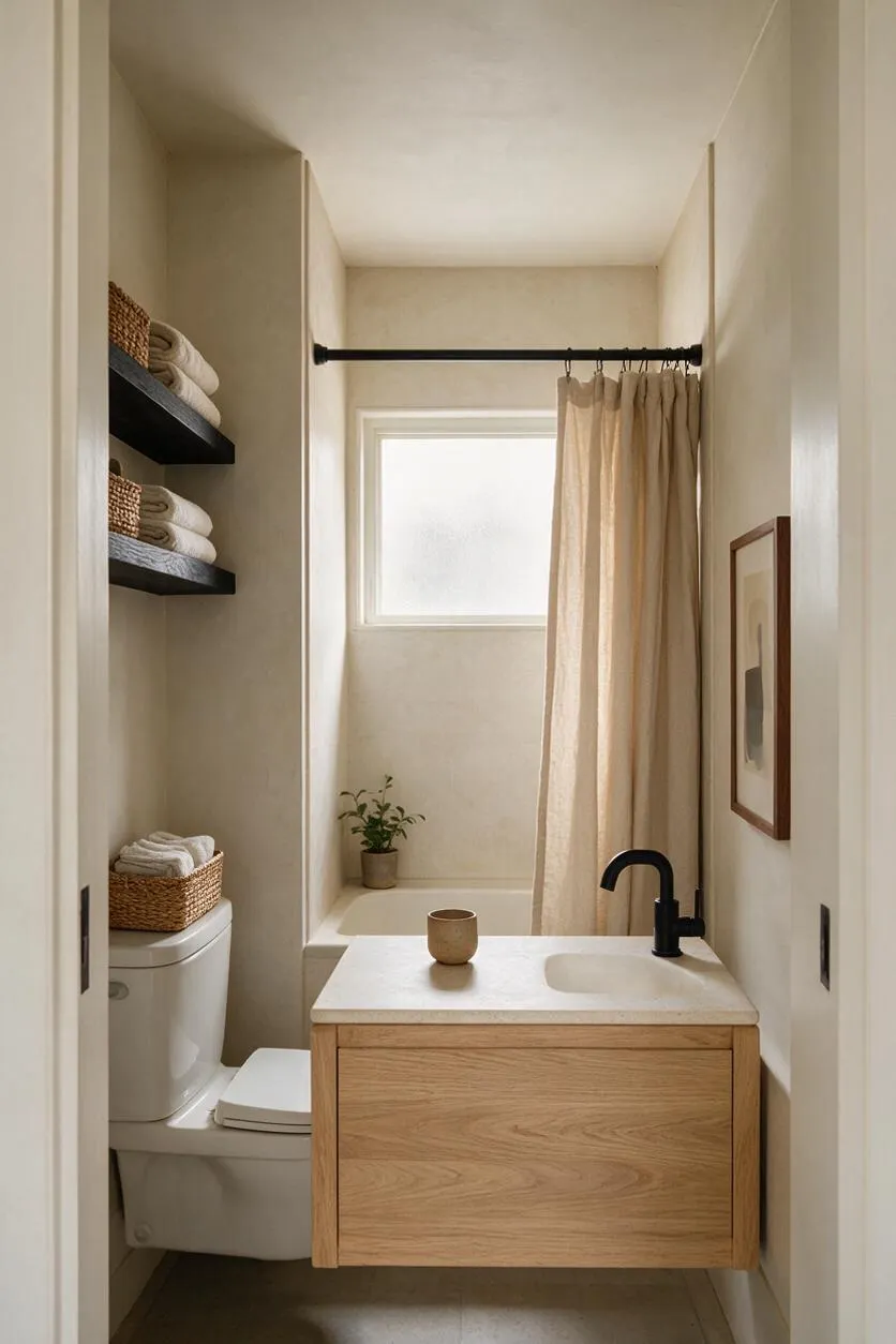 A narrow master bathroom in Japandi style with a floating light oak vanity, pale stone countertop, and matte black faucet. A toilet sits beside open black shelves with woven baskets and folded towels, while a small tub area with a beige curtain and frosted window adds soft natural light.