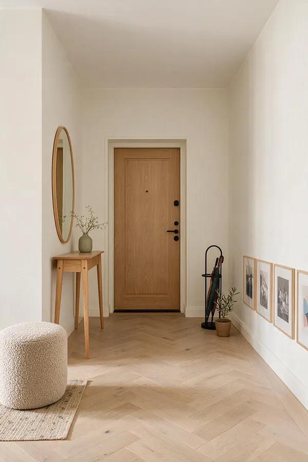 A narrow Scandinavian-style entryway with white walls, a light oak front door, and pale herringbone wood flooring. The space includes a slim wooden console with a round wall mirror, a small vase with branches, framed art on the right wall, an umbrella stand, and a textured pouf on a woven rug.