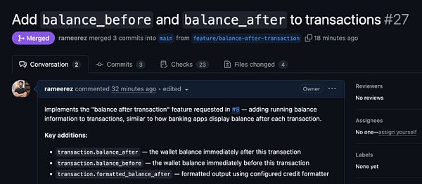 Screenshot of a Jupyter Notebook showing Python code cell detailing the addition of balance_before and balance_after to the usage_credits table with SQLAlchemy snapshot and test output.