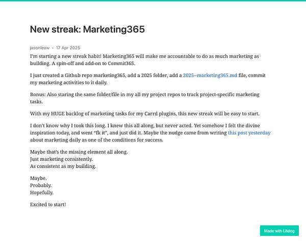 A blog post detailing the initiation of a new marketing streak called Marketing365.