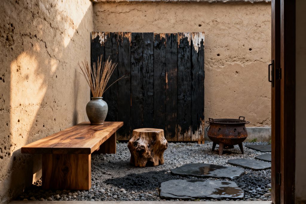 An enclosed patio with raw earthen plaster walls features a charred black wood screen at the back, a long live-edge wooden bench on the left holding a gray ceramic vase of dried reeds, and a small stump stool beside it. The gravel floor has irregular slate stepping stones and a rusted iron fire bowl to the right. Sunlight from an open roof casts warm shadows across the clay walls and stones.