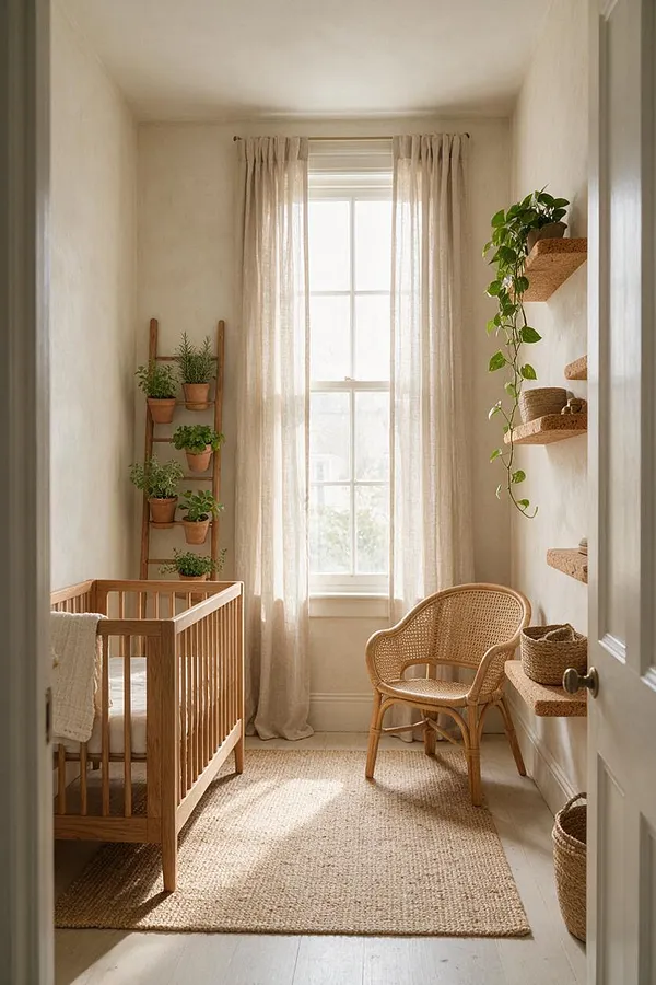 A narrow nursery with a wooden crib on the left, a woven rattan chair near the window, and terracotta pots of greenery on a ladder shelf. Sheer curtains filter warm daylight over a jute rug, cork wall shelves, woven baskets, and soft neutral walls.