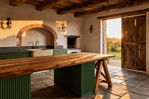 A rustic kitchen opens to the outdoors through a wide wooden barn door at sunset. Inside, heavy timber ceiling beams, limewashed plaster walls, and sage green base cabinets frame a limestone farmhouse sink beneath a red-brick arched niche; a dark stone countertop, a large reclaimed-wood island with trestle legs and a fluted green base, flagstone floors, a small open hearth, and wrought-iron wall sconces complete the warm, old-world look.