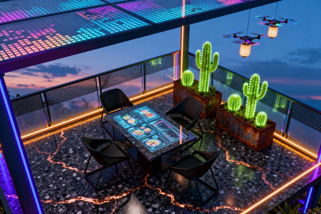 A cyberpunk-style rooftop patio at sunset features an RGB pixel-lit canopy above a glossy black terrazzo floor streaked with glowing orange lines. A rectangular glass dining table shows a digital menu and is surrounded by four matte black chairs. Along the edge, perforated metal railings and amber LED strips frame rusted steel planters containing neon-outlined cactus sculptures. Two small drones hover as lanterns, casting warm light against a blue and pink sky.