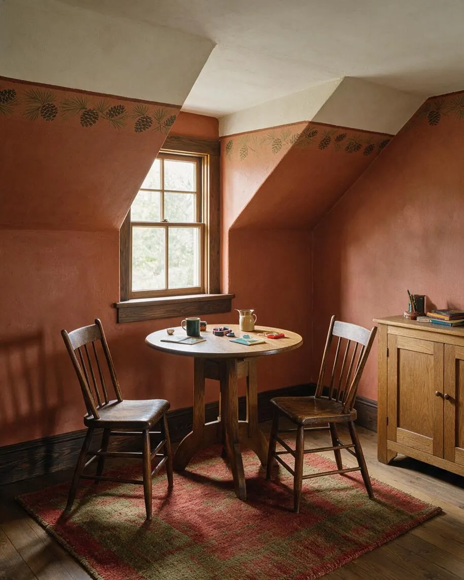 A small Craftsman-style game room nook with terracotta walls, a single wood-framed window, and a round wooden table surrounded by two wooden chairs. A patterned red-and-green rug anchors the space, and a light oak cabinet adds storage along one wall.