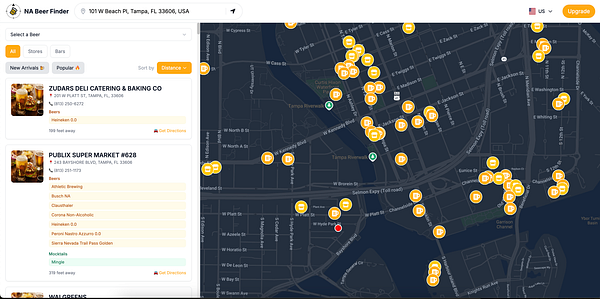 The image displays a map interface for a beer finder application, highlighting various locations in Tampa, Florida.