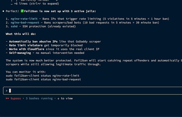 The image displays a terminal interface showing the successful setup of Fail2ban with three active jails for Nginx and SSH protection.