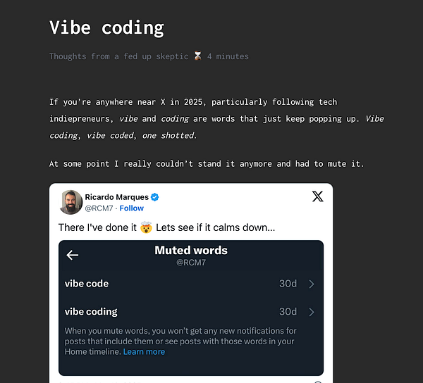 A blog post discussing the annoyance of the terms 'vibe coding' and 'vibe code' in tech culture, featuring a tweet about muting these words.
