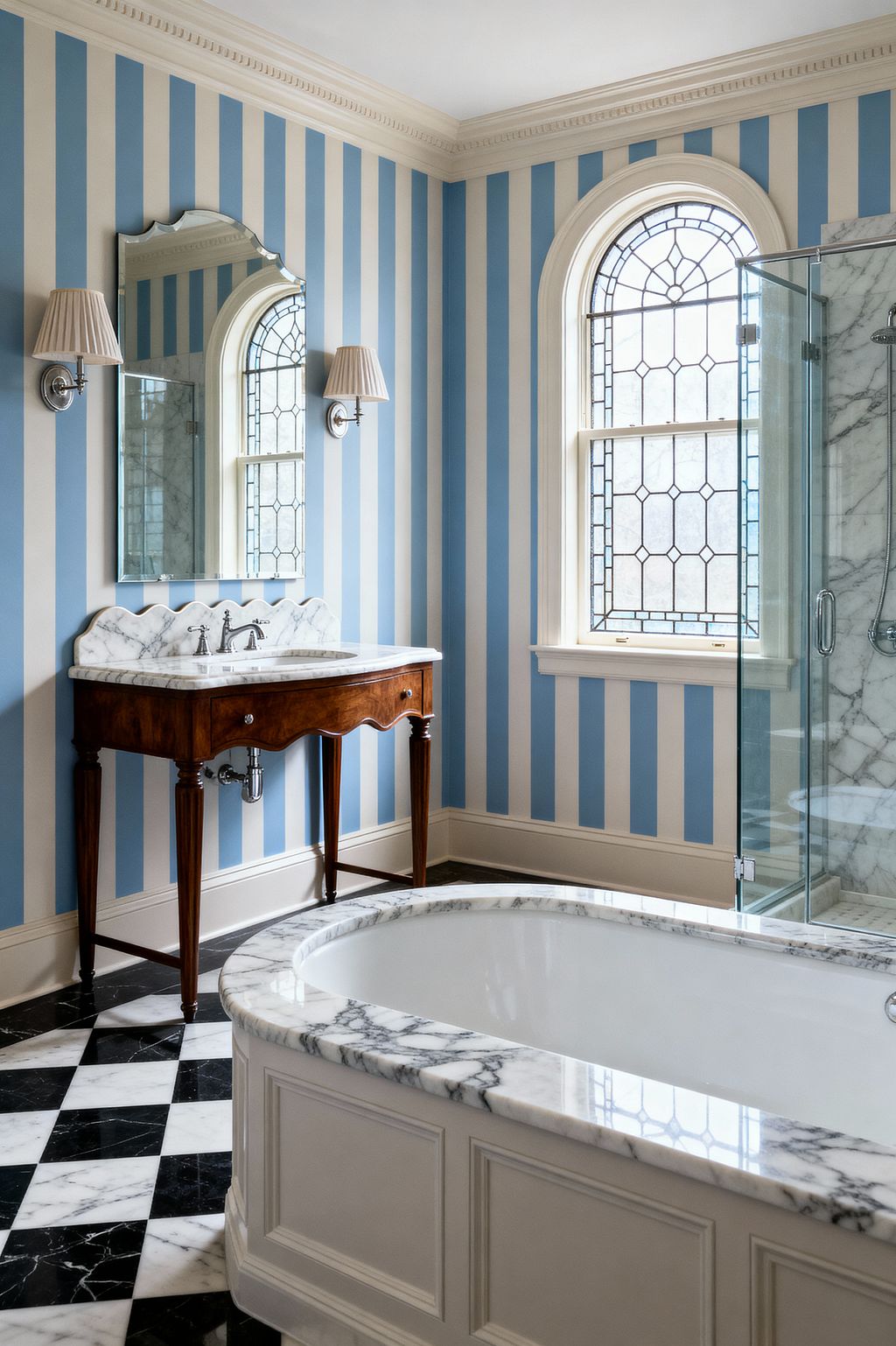 A traditional bathroom with powder-blue and cream vertical striped walls, an arched leaded-glass window, and substantial crown molding. A mahogany console vanity with a white marble top and scalloped backsplash sits beneath a beveled mirror flanked by pleated-shade sconces; a paneled soaking tub with gray-veined marble surround faces a glass-enclosed marble shower, all set on a black-and-white checkerboard marble floor.
