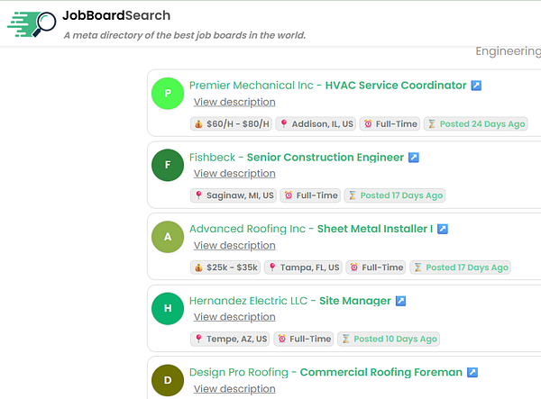 The image displays a job listing interface from JobBoardSearch, showcasing various job opportunities in the engineering sector.
