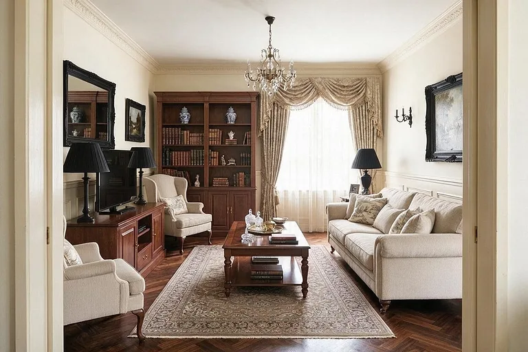 A Traditional living room in the Layered Neutrals palette: warm white, greige, taupe, walnut, and black