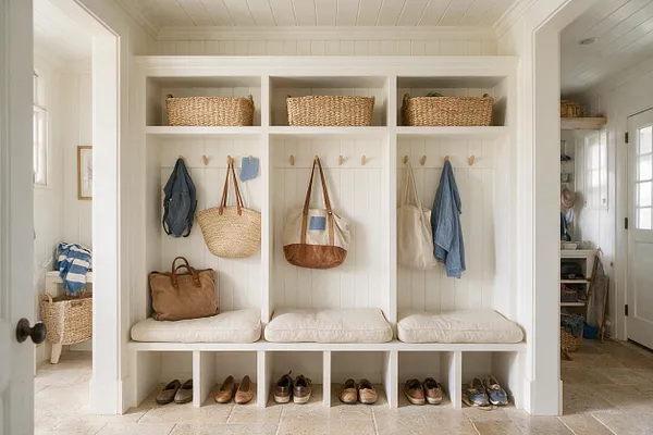 A bright coastal-style closet with white built-in cubbies, beadboard paneling, and open shelving. Woven baskets, canvas totes, straw bags, and cushioned benches create a relaxed, beach-inspired storage space with shoes neatly arranged below.