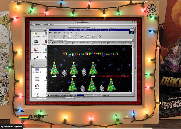 A vintage computer screen displays a festive Christmas-themed webpage surrounded by colorful lights.