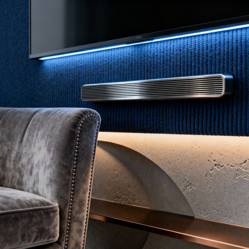 Close-up of a modern media wall shows the lower edge of a wall-mounted TV with a blue LED glow, a slim brushed-metal soundbar fixed to ribbed navy acoustic paneling, and a warm LED strip grazing a light gray, stone-textured surface with a shallow arched detail and bronze-finish shelf. In the foreground sits a charcoal gray velvet armchair with nailhead trim, emphasizing soft texture against sleek metal and stone.