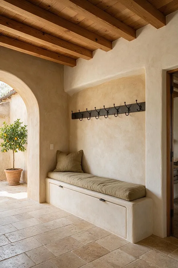 A Mediterranean-style entryway with exposed wood ceiling beams, warm plaster walls, and a built-in bench with a cushioned seat and matching pillow. An arched opening on the left reveals a potted citrus tree, while a row of dark metal coat hooks is mounted above the bench.
