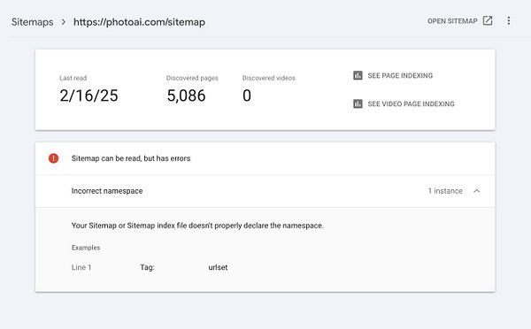 The image displays a sitemap error report for the URL https://photoai.com/sitemap.
