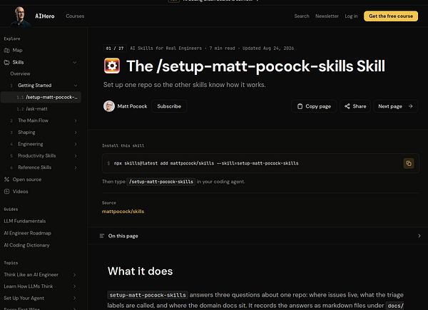 Webpage from AIHero detailing the setup of Matt Pocock's skills for AI coding agents, including installation instructions and overview.