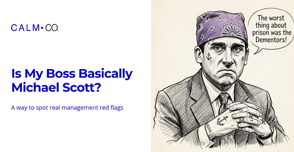 A promotional quiz graphic titled "Is My Boss Basically Michael Scott?" featuring workplace-related words arranged in a diamond shape on a yellow background.