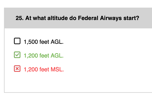 A digital study interface shows a completed aviation quiz with detailed questions, user answers, and correct responses.