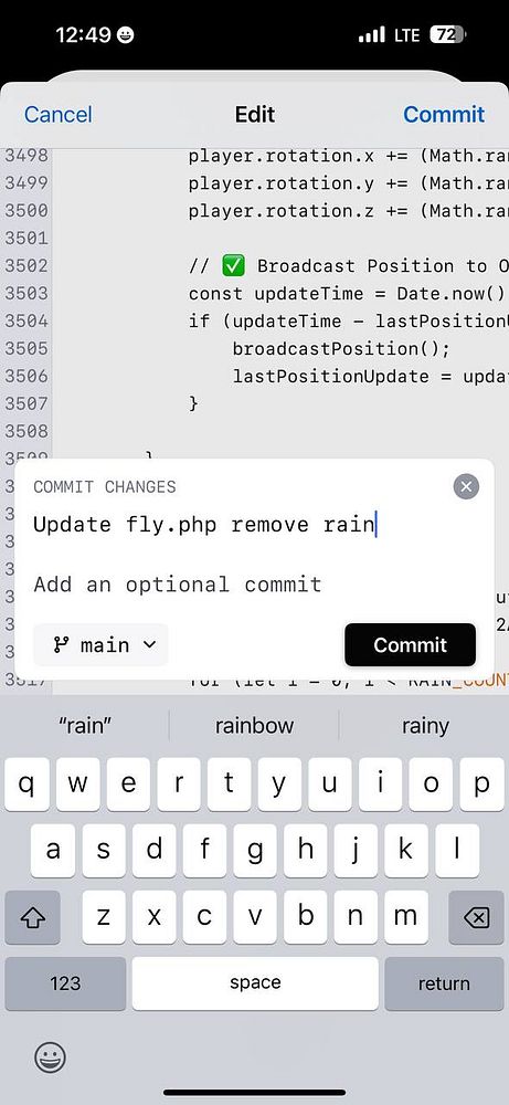 The image displays a code editing interface on an iOS device, showing a commit message for a GitHub project.